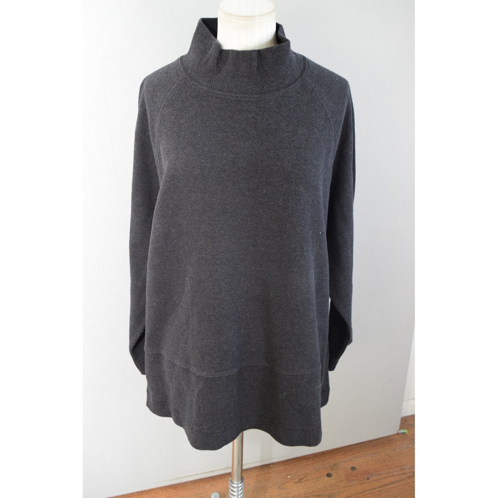 Poetry Sweatshirt 16 Charcoal Gray Cotton Mock Neck Button Back Women Lagenlook